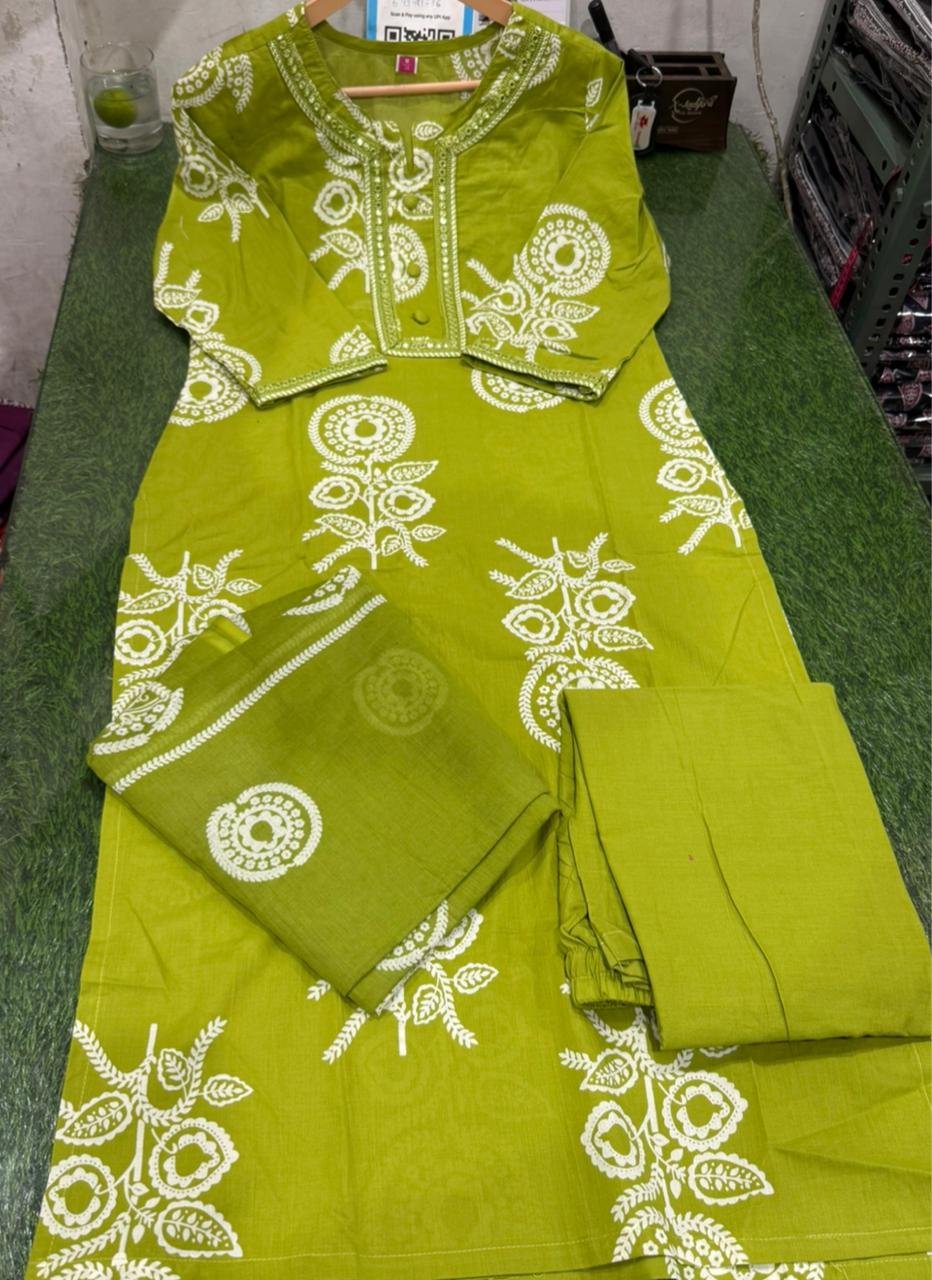 Yellow Cotton Kurti Pant Dupatta Set with Embroidery